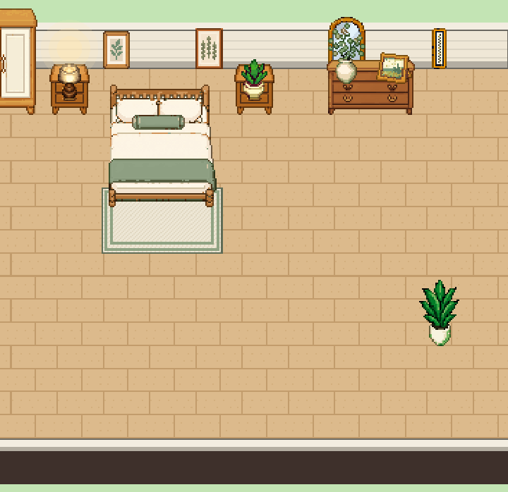 A furnished bedroom with a bed, wardrobe, bedside table, rug, plants and dressing table
