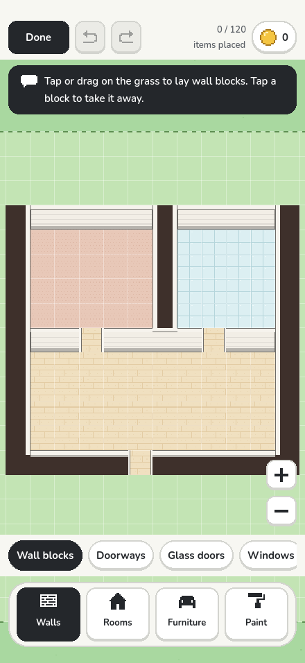 Actual Tokento home-building gameplay: a three-room floor plan