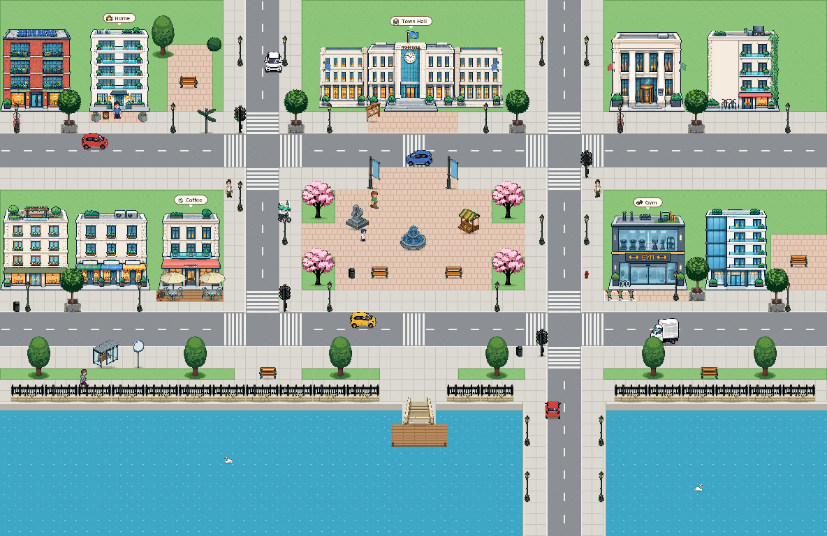 A wide view of Tokento with homes, town hall, café, gym and waterfront